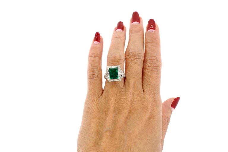 Art Deco AGL Certified Emerald Diamond Platinum Ring