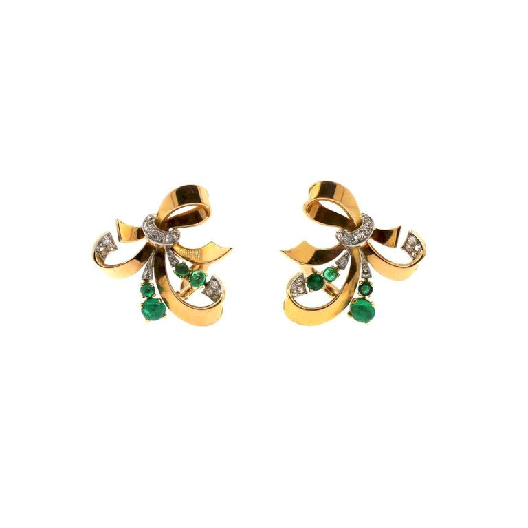 Modernist Retro Emerald Diamond 18 Karat Yellow Gold Ribbon Earrings