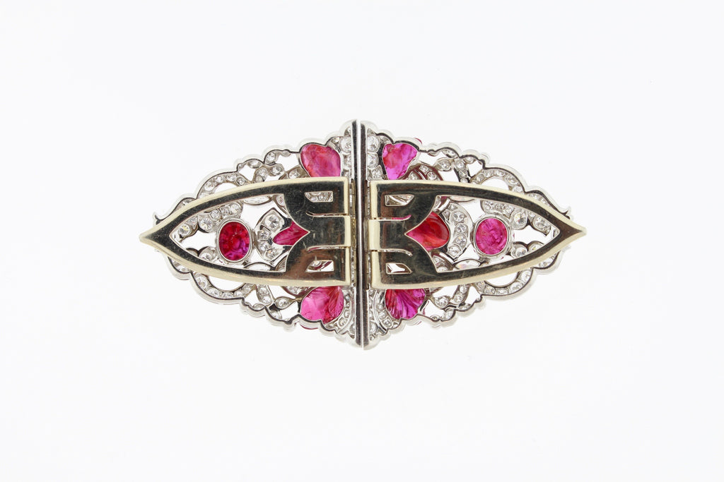 Art Deco Carved Ruby Diamond Platinum Double Clip Pin