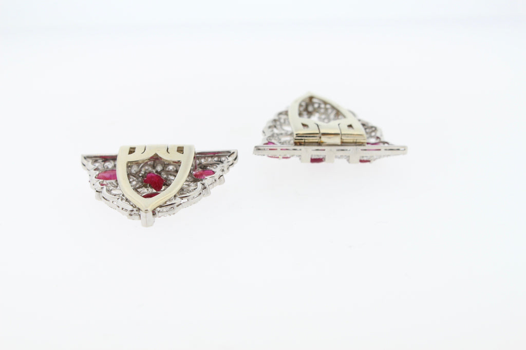 Art Deco Carved Ruby Diamond Platinum Double Clip Pin