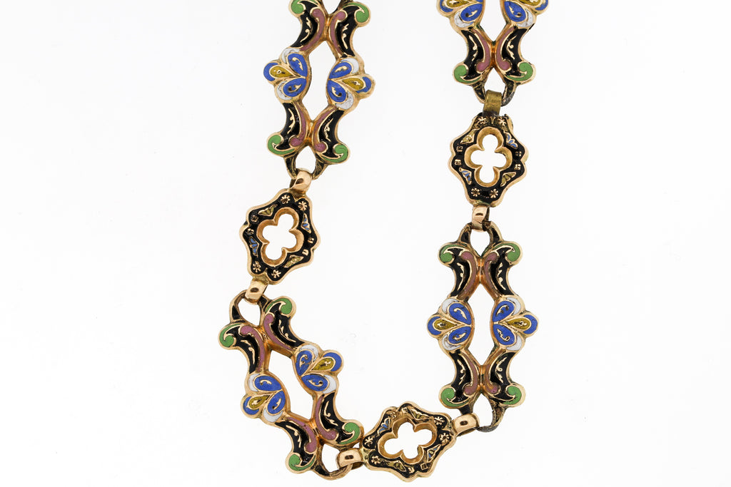 Rare Antique Swiss Enamel Long Gold Chain Necklace