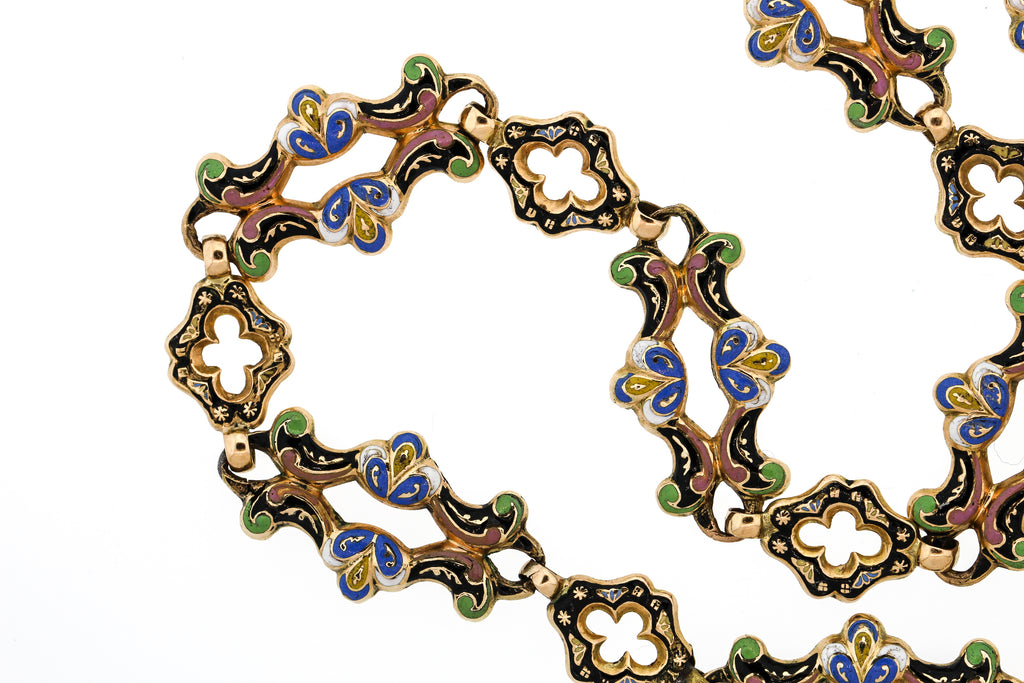 Rare Antique Swiss Enamel Long Gold Chain Necklace