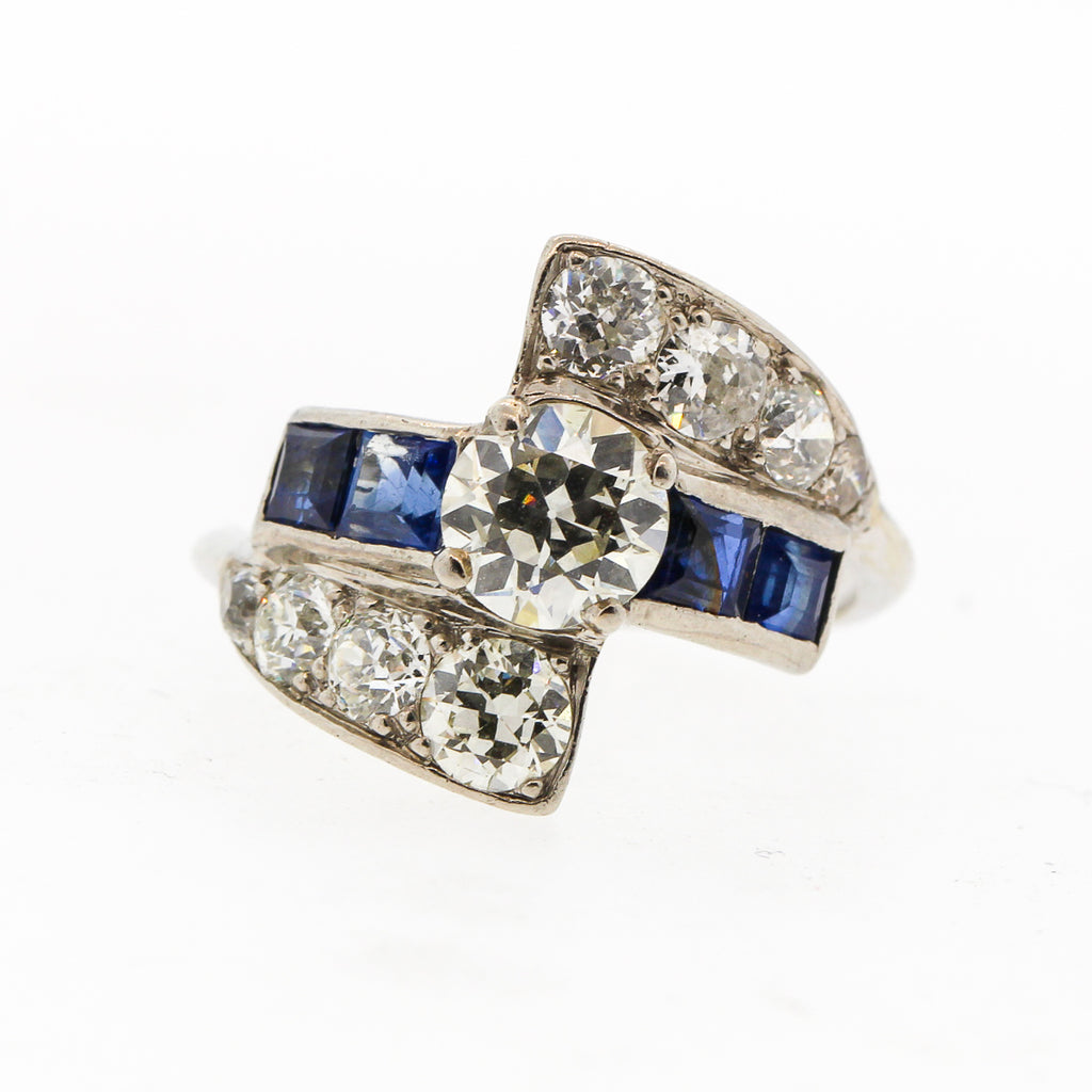 Vintage Mid-Century Platinum Diamond Sapphire Cocktail Ring