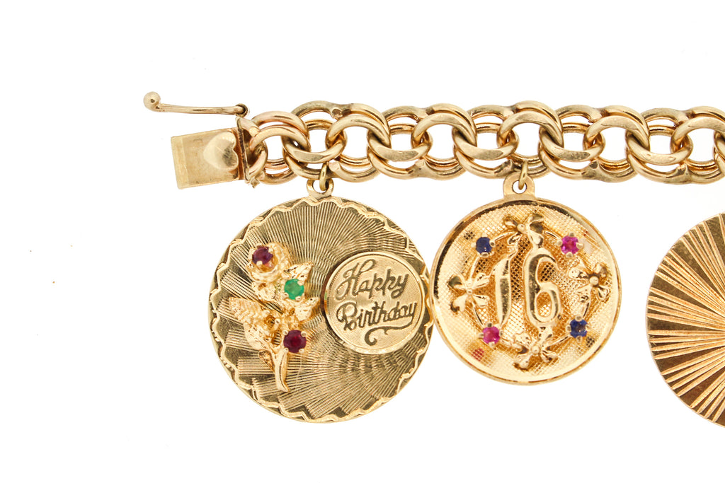 Mid-Century 14k Yellow Gold Chunky Disc Charm Bracelet