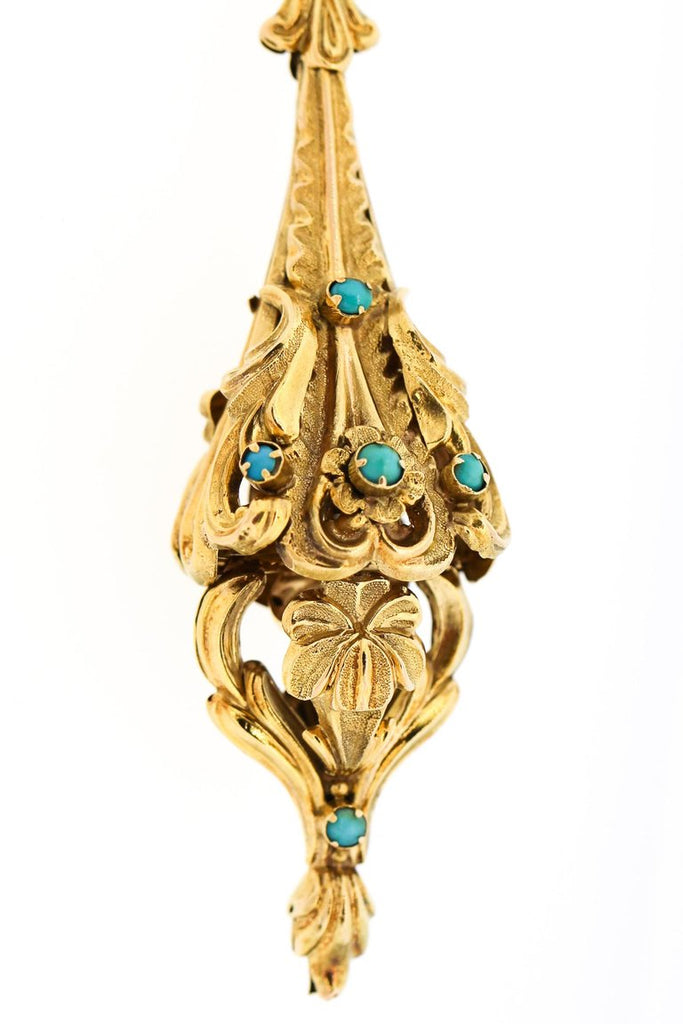 Victorian American Turquoise 14 Karat Gold Repoussé Pendant Earrings