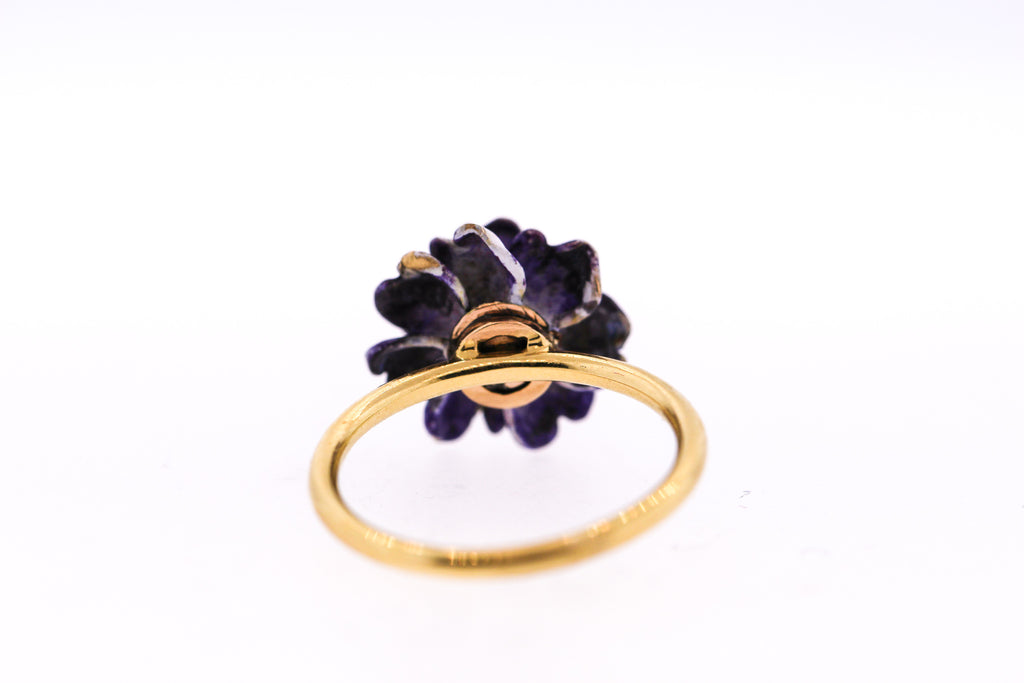 Vintage 18k Gold Purple Enamel Chrysanthemum Flower Conversion Ring