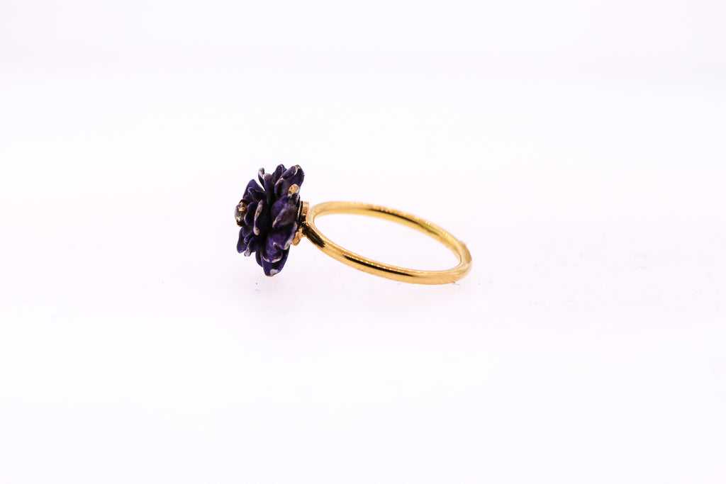 Vintage 18k Gold Purple Enamel Chrysanthemum Flower Conversion Ring