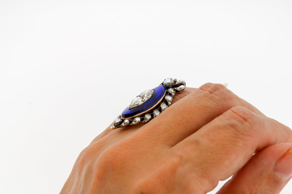 Georgian Rosecut Diamond Blue Glass Gold Navette Ring With Bow