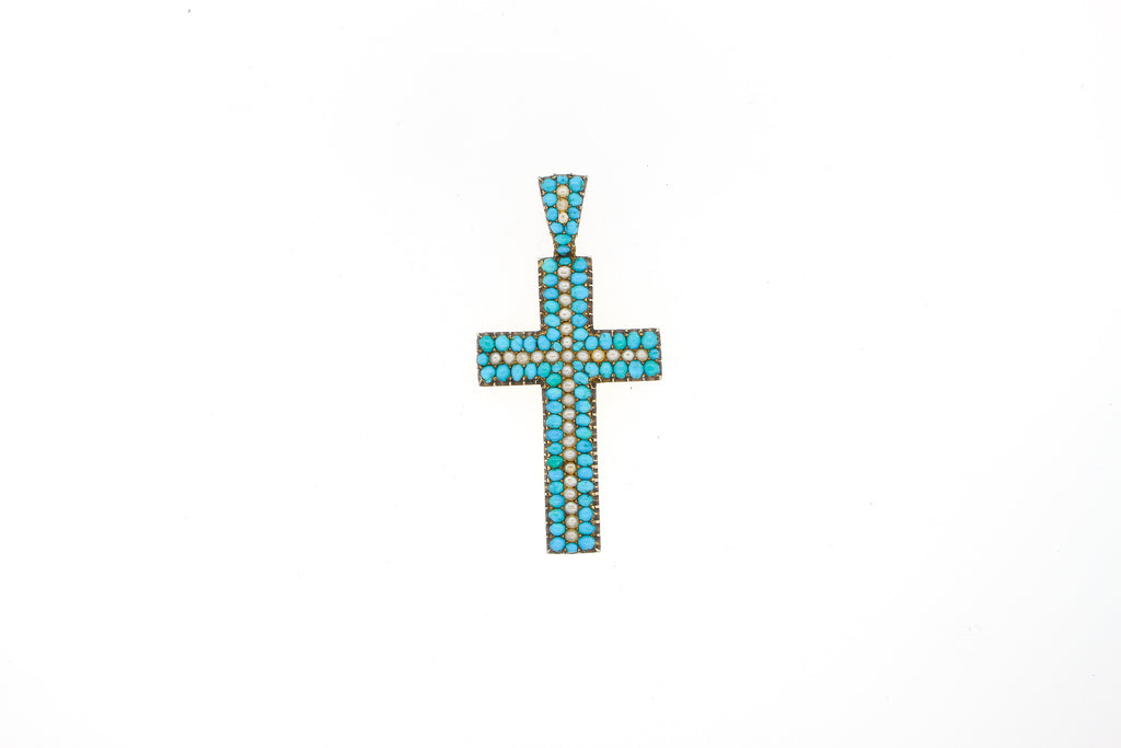 Early Victorian 14 Karat Gold Turquoise Split Pearl Cross Pendant