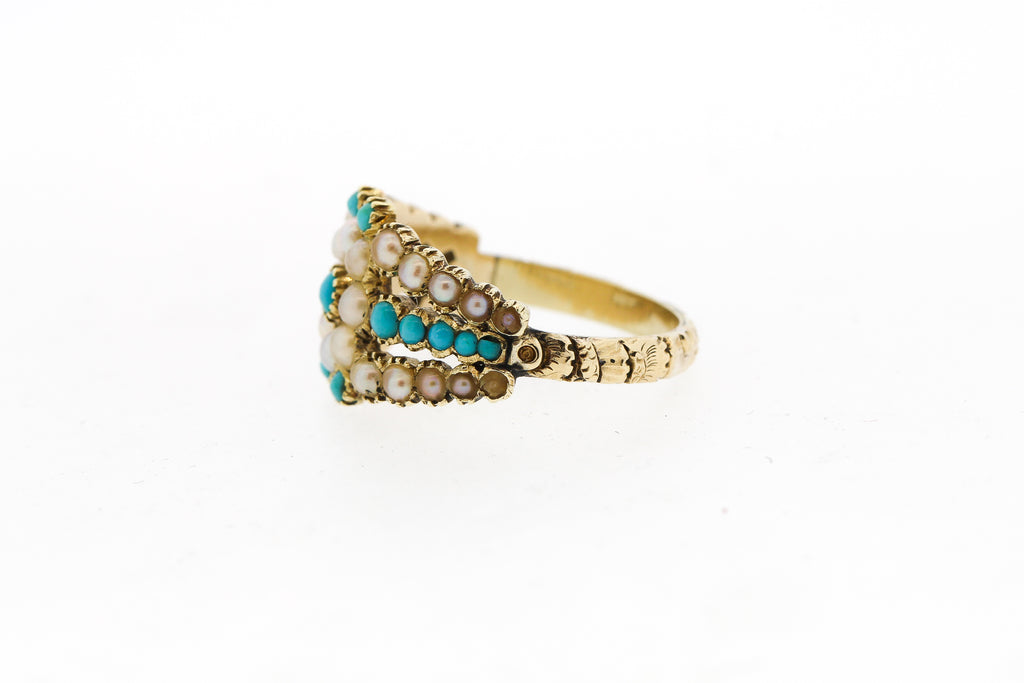 Georgian Turquoise Split Pearl Engraved Gold Ring