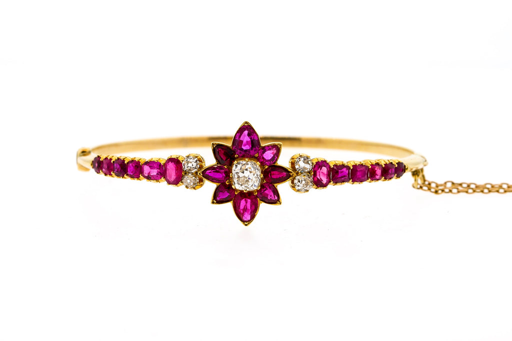 Victorian 18k Yellow Gold Ruby and Diamond Bangle Bracelet