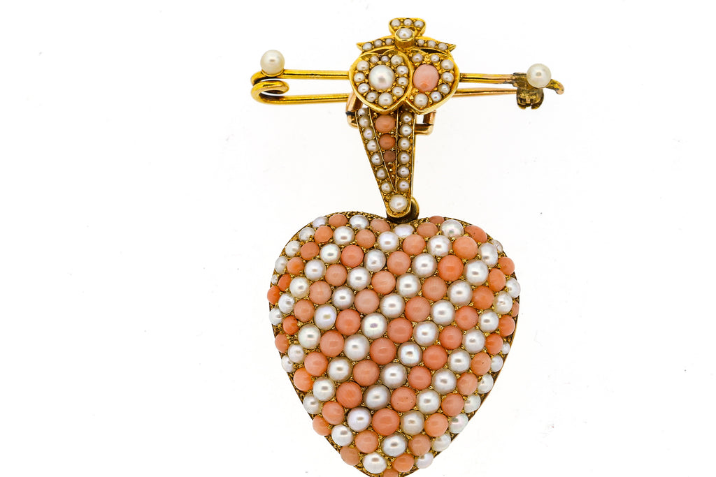 Victorian 18k Gold Coral Pearl Heart Locket Pendant Pin