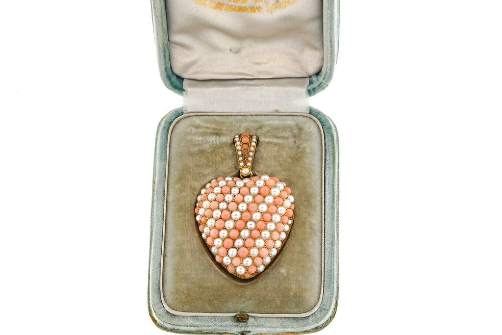 Victorian 18k Gold Coral Pearl Heart Locket Pendant Pin