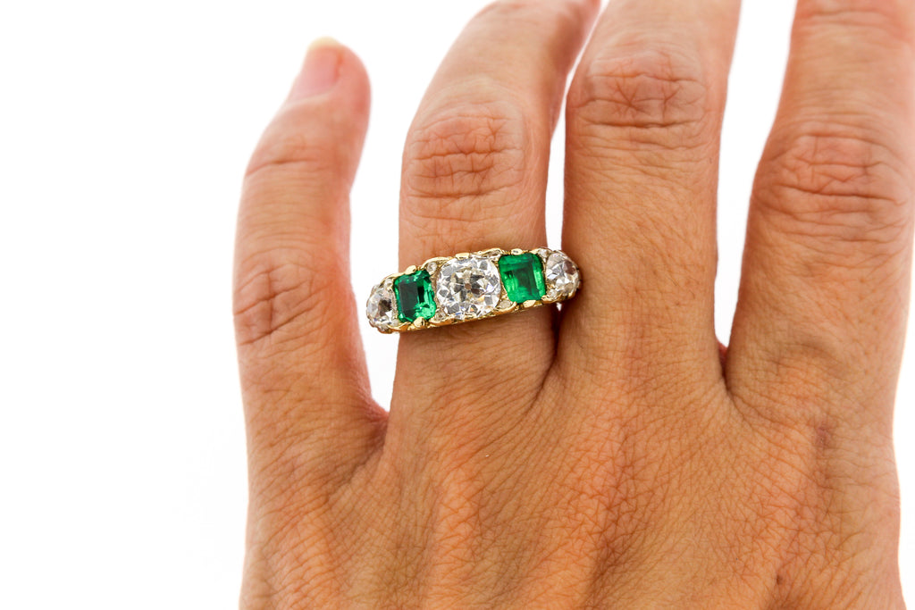 Victorian Emerald Diamond Half Hoop 18K Five Stone Ring