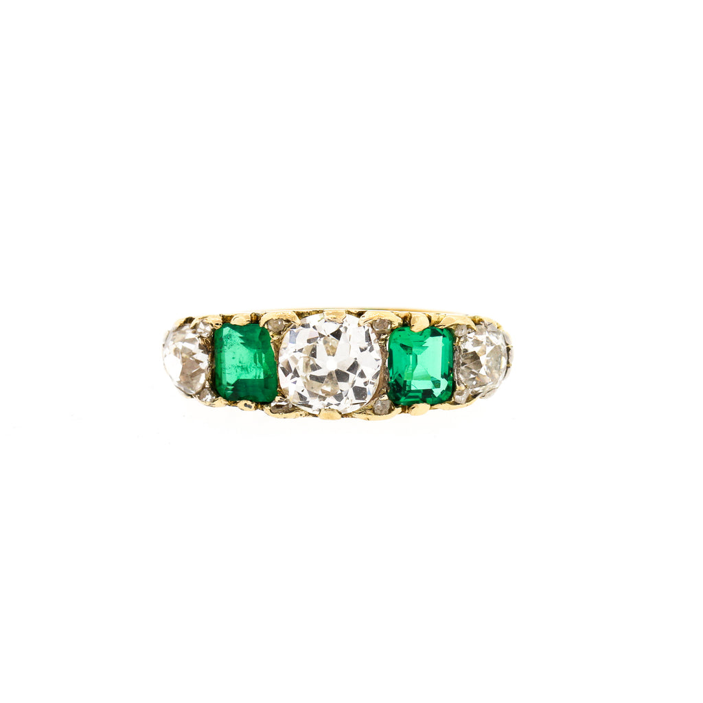 Victorian Emerald Diamond Half Hoop 18K Five Stone Ring