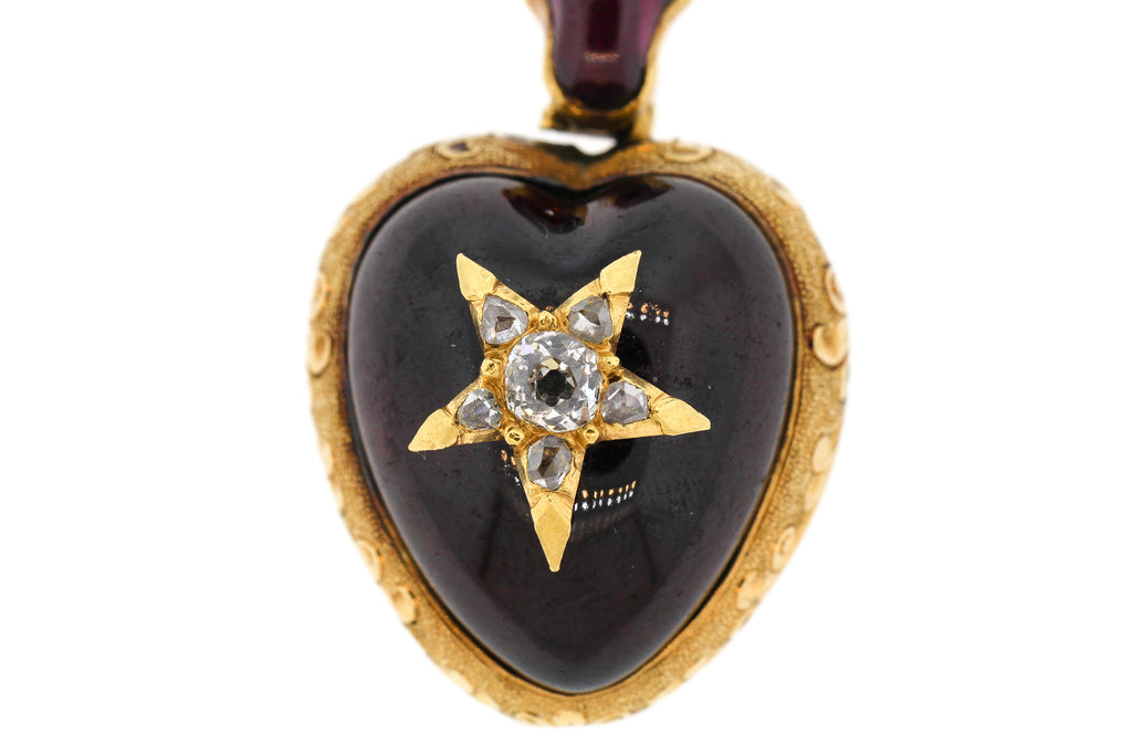 Antique Victorian 18K Gold Cabochon Garnet Diamond Heart Pendant