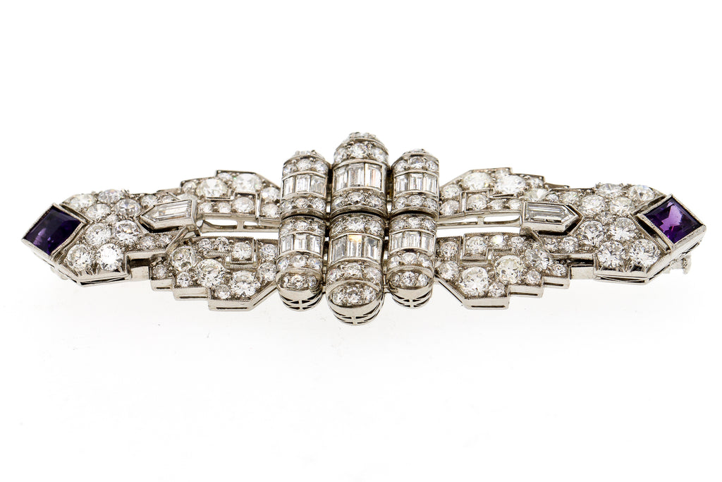 Antique Art Deco Platinum Diamond Amethyst Moveable Brooch