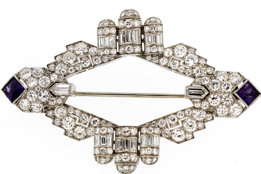 Rare Expandable Art Deco Platinum Diamond Amethyst Brooch