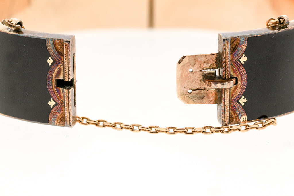 Antique Late Victorian 14 Karat Gold Black Enamel Cuff Bracelet