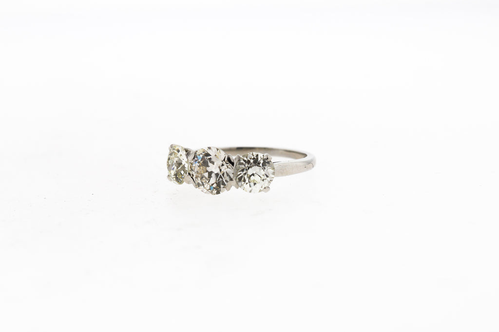 Antique 1930s Platinum Old European Cut Diamond Three Stone Ring
