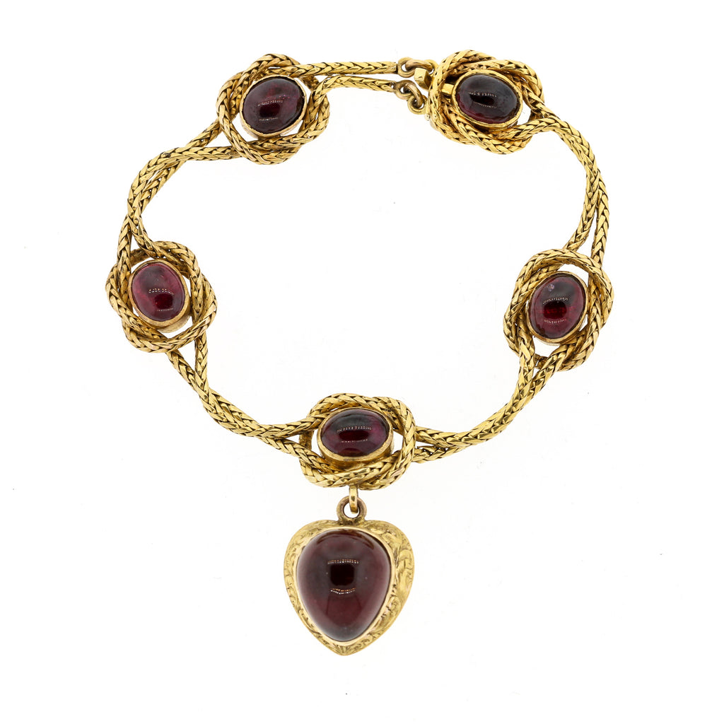 Victorian Gold Carbuncle Garnet Bracelet with Heart Pendant