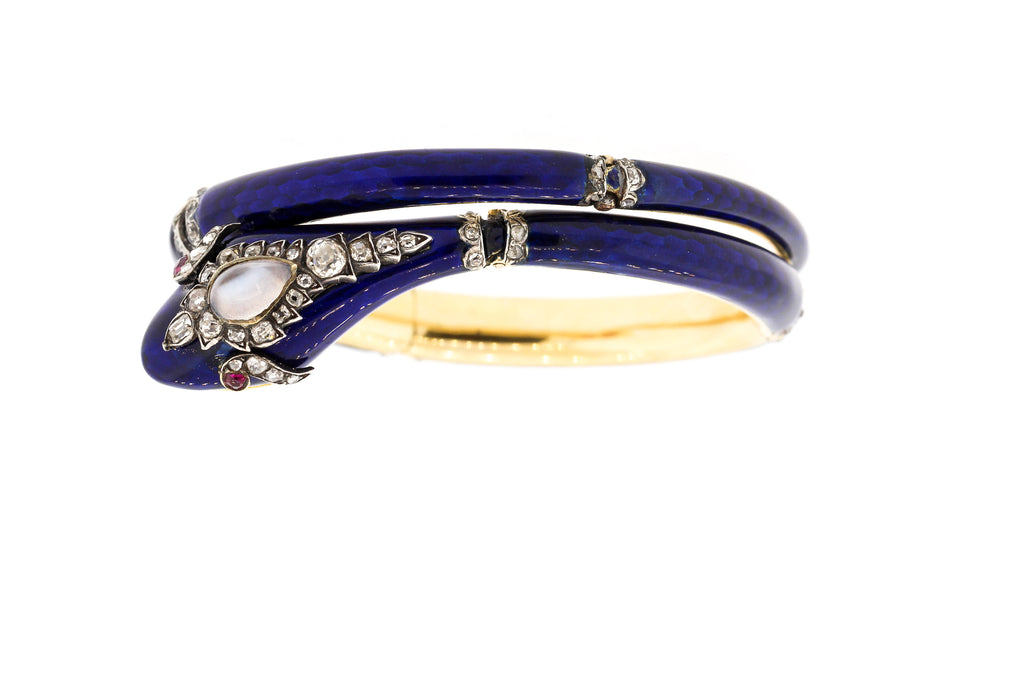 Victorian Blue Enamel Flexible Snake Bracelet with Moonstone
