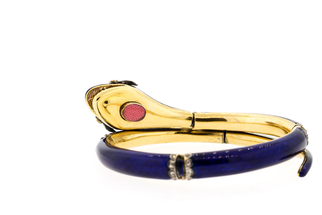Antique Victorian Blue Enamel Gold Rosecut Diamond Articulated Snake Bracelet
