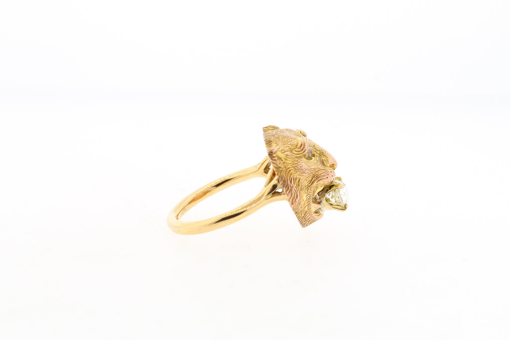 Vintage 18k Gold Lion Ring with Old Mine Cut Diamond