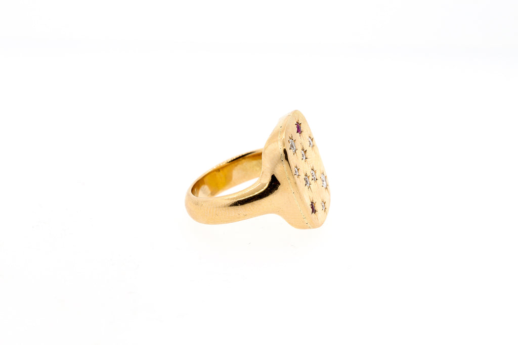 Modern 18k Rose Gold Signet Ring With Diamonds and Rubies