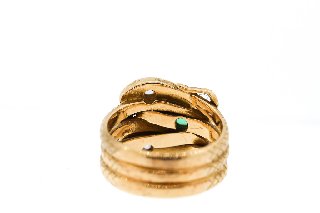 Victorian 18k Gold Diamond Emerald Engraved Triple Snake Ring