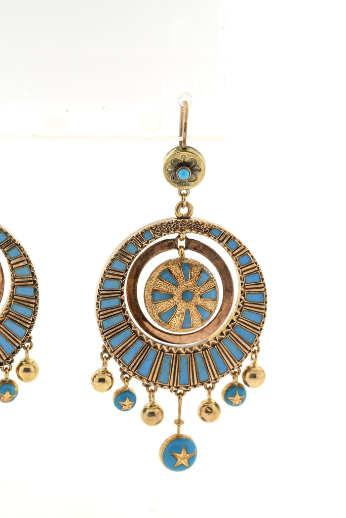 Antique Victorian 14 Karat Gold Blue Enamel Dangling Earrings